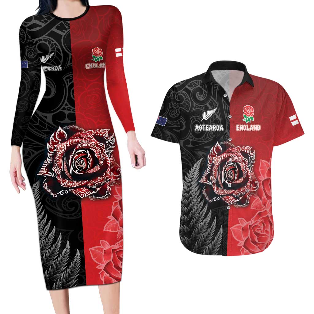 New Zealand And England Rugby Custom Couples Matching Long Sleeve Bodycon Dress and Hawaiian Shirt Red Rose Mix Maori Pattern - Wonder Print Shop