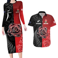 New Zealand And England Rugby Custom Couples Matching Long Sleeve Bodycon Dress and Hawaiian Shirt Red Rose Mix Maori Pattern - Wonder Print Shop