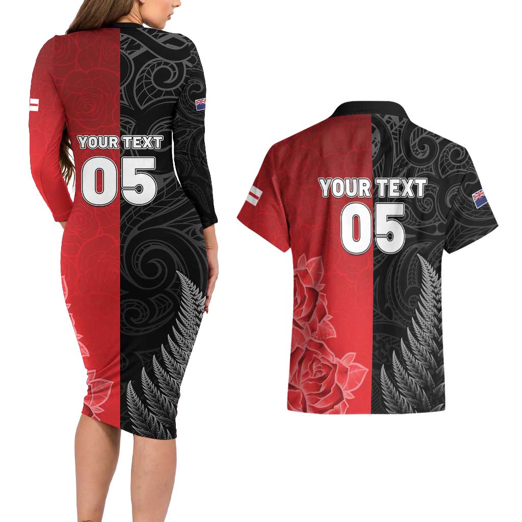 New Zealand And England Rugby Custom Couples Matching Long Sleeve Bodycon Dress and Hawaiian Shirt Red Rose Mix Maori Pattern - Wonder Print Shop