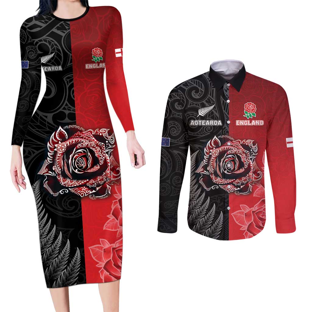 New Zealand And England Rugby Custom Couples Matching Long Sleeve Bodycon Dress and Long Sleeve Button Shirt Red Rose Mix Maori Pattern - Wonder Print Shop