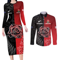 New Zealand And England Rugby Custom Couples Matching Long Sleeve Bodycon Dress and Long Sleeve Button Shirt Red Rose Mix Maori Pattern - Wonder Print Shop