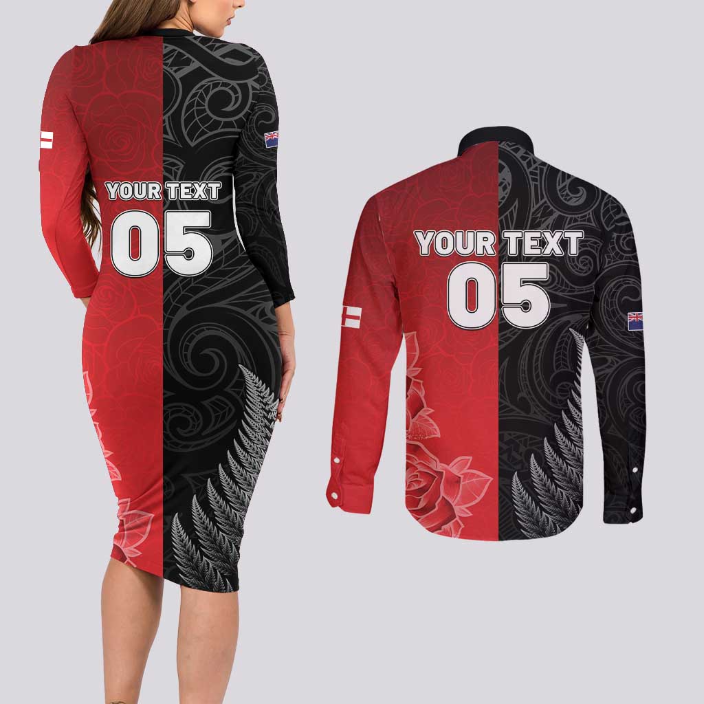 New Zealand And England Rugby Custom Couples Matching Long Sleeve Bodycon Dress and Long Sleeve Button Shirt Red Rose Mix Maori Pattern - Wonder Print Shop