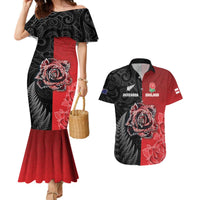 New Zealand And England Rugby Custom Couples Matching Mermaid Dress and Hawaiian Shirt Red Rose Mix Maori Pattern - Wonder Print Shop