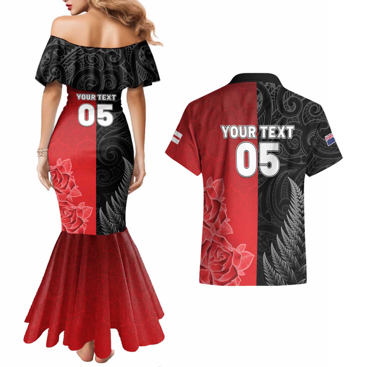 New Zealand And England Rugby Custom Couples Matching Mermaid Dress and Hawaiian Shirt Red Rose Mix Maori Pattern - Wonder Print Shop