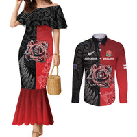 New Zealand And England Rugby Custom Couples Matching Mermaid Dress and Long Sleeve Button Shirt Red Rose Mix Maori Pattern - Wonder Print Shop