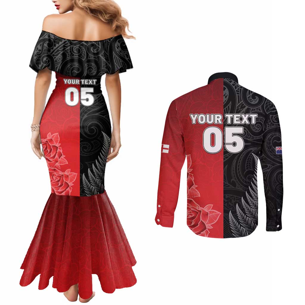 New Zealand And England Rugby Custom Couples Matching Mermaid Dress and Long Sleeve Button Shirt Red Rose Mix Maori Pattern - Wonder Print Shop
