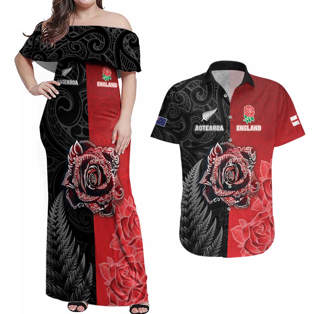 New Zealand And England Rugby Custom Couples Matching Off Shoulder Maxi Dress and Hawaiian Shirt Red Rose Mix Maori Pattern - Wonder Print Shop
