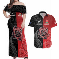 New Zealand And England Rugby Custom Couples Matching Off Shoulder Maxi Dress and Hawaiian Shirt Red Rose Mix Maori Pattern - Wonder Print Shop