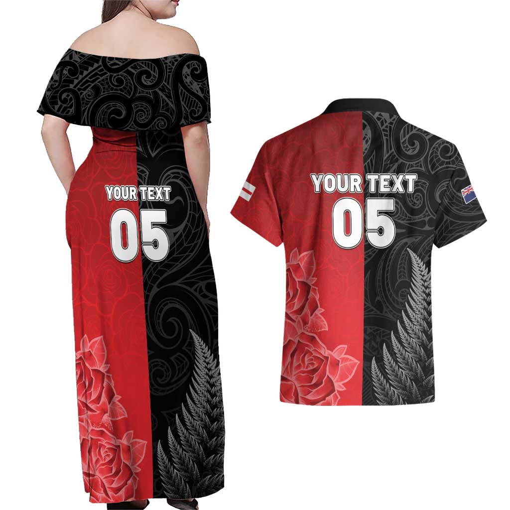 New Zealand And England Rugby Custom Couples Matching Off Shoulder Maxi Dress and Hawaiian Shirt Red Rose Mix Maori Pattern - Wonder Print Shop