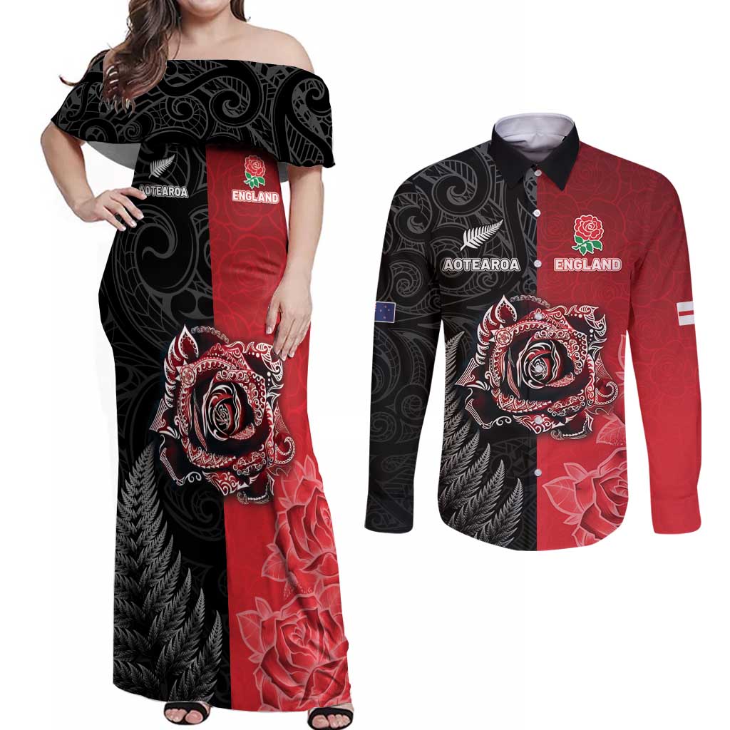 New Zealand And England Rugby Custom Couples Matching Off Shoulder Maxi Dress and Long Sleeve Button Shirt Red Rose Mix Maori Pattern - Wonder Print Shop
