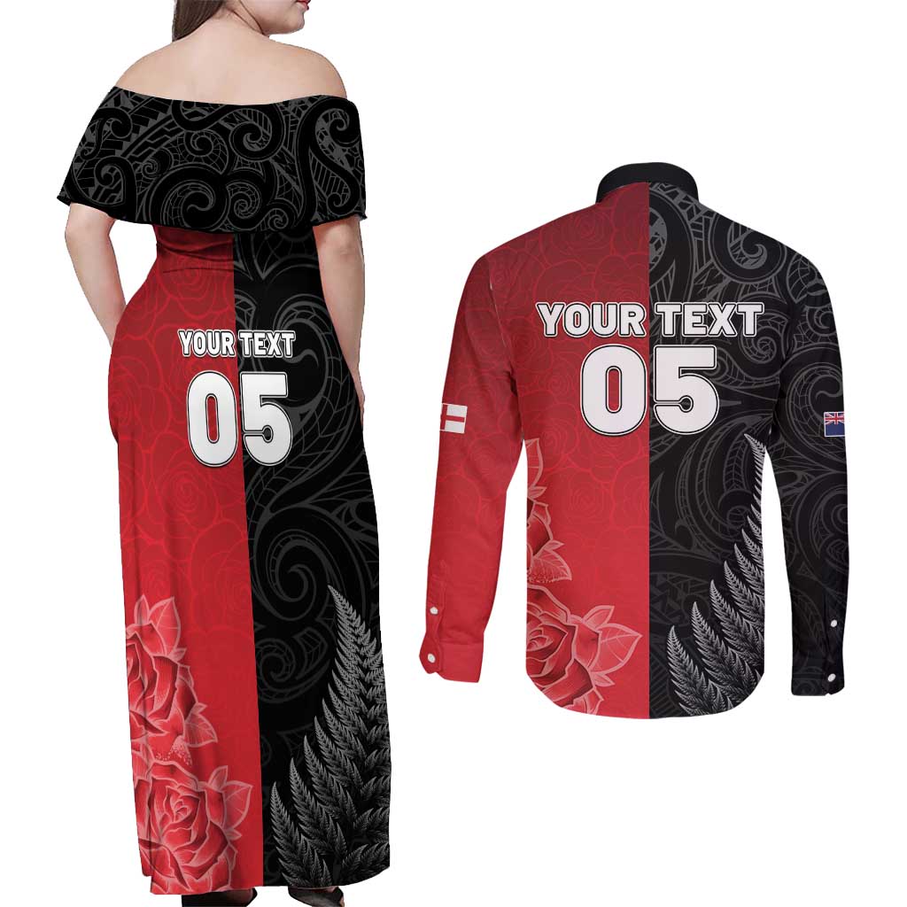 New Zealand And England Rugby Custom Couples Matching Off Shoulder Maxi Dress and Long Sleeve Button Shirt Red Rose Mix Maori Pattern - Wonder Print Shop