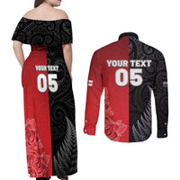 New Zealand And England Rugby Custom Couples Matching Off Shoulder Maxi Dress and Long Sleeve Button Shirt Red Rose Mix Maori Pattern - Wonder Print Shop