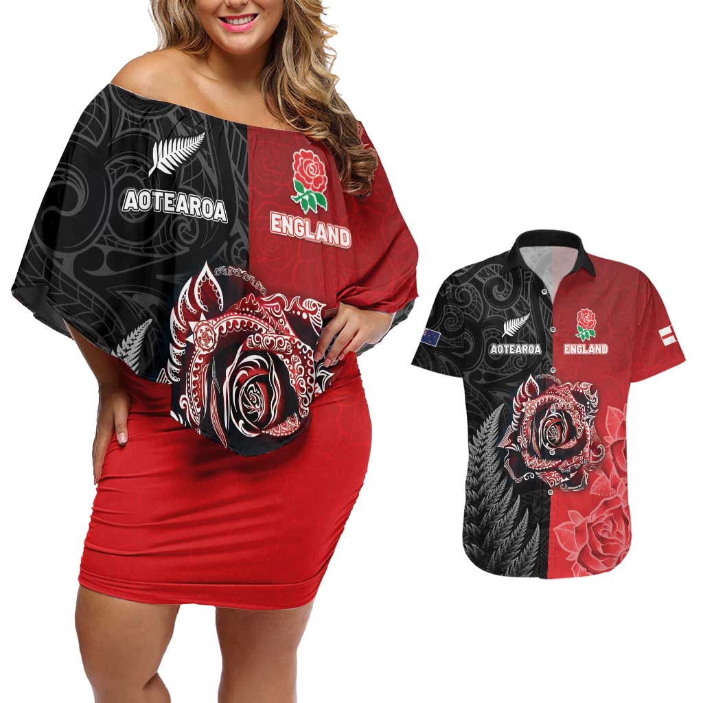 New Zealand And England Rugby Custom Couples Matching Off Shoulder Short Dress and Hawaiian Shirt Red Rose Mix Maori Pattern - Wonder Print Shop