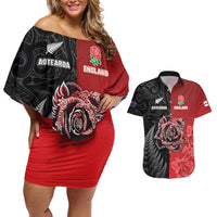 New Zealand And England Rugby Custom Couples Matching Off Shoulder Short Dress and Hawaiian Shirt Red Rose Mix Maori Pattern - Wonder Print Shop