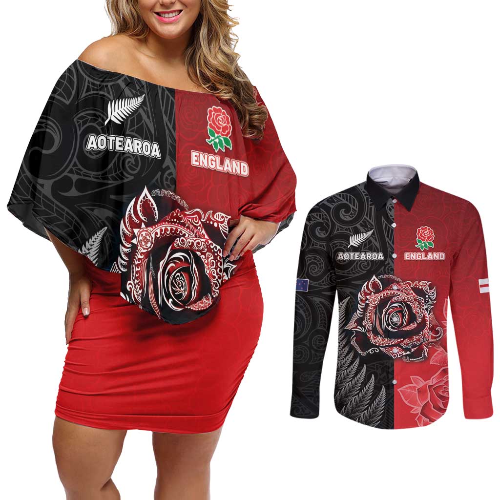 New Zealand And England Rugby Custom Couples Matching Off Shoulder Short Dress and Long Sleeve Button Shirt Red Rose Mix Maori Pattern - Wonder Print Shop