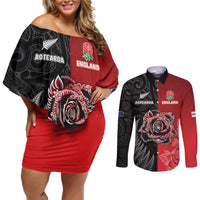 New Zealand And England Rugby Custom Couples Matching Off Shoulder Short Dress and Long Sleeve Button Shirt Red Rose Mix Maori Pattern - Wonder Print Shop