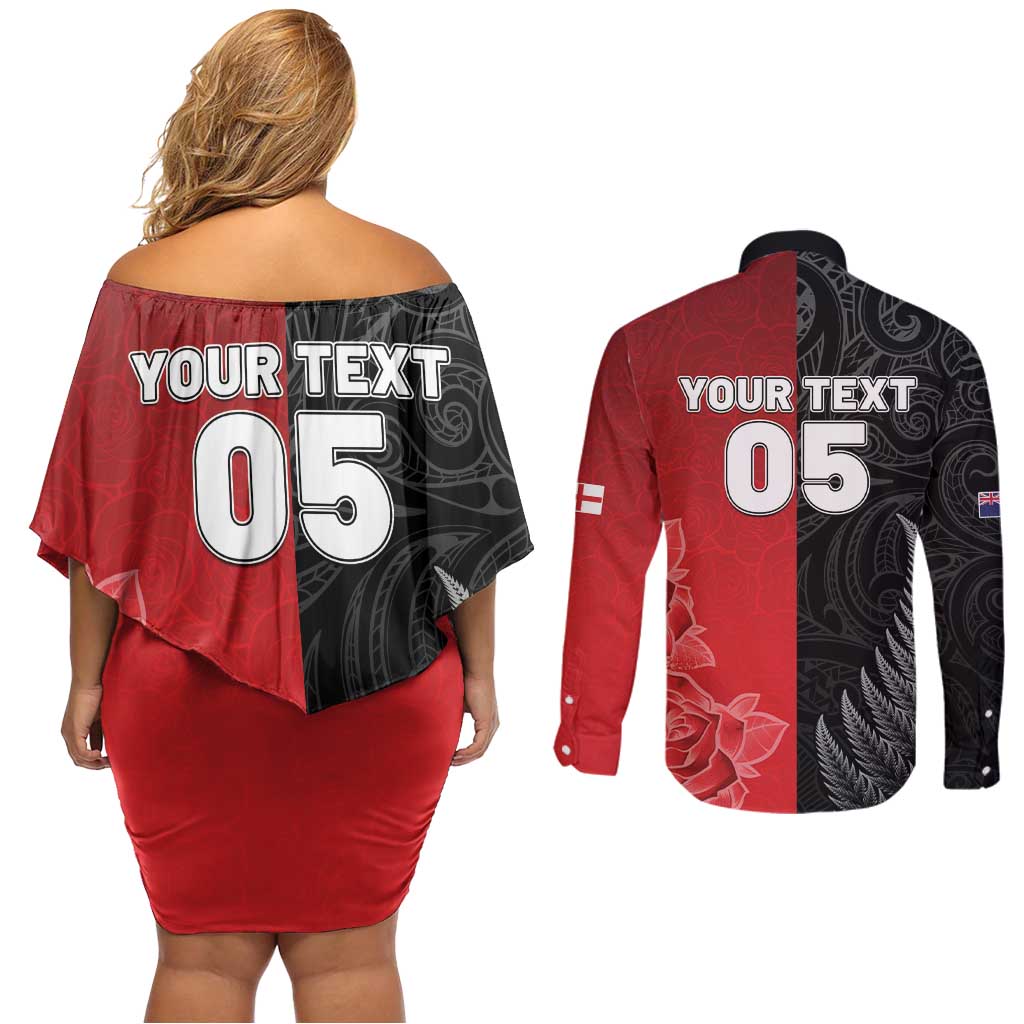 New Zealand And England Rugby Custom Couples Matching Off Shoulder Short Dress and Long Sleeve Button Shirt Red Rose Mix Maori Pattern - Wonder Print Shop