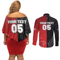 New Zealand And England Rugby Custom Couples Matching Off Shoulder Short Dress and Long Sleeve Button Shirt Red Rose Mix Maori Pattern - Wonder Print Shop