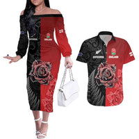 New Zealand And England Rugby Custom Couples Matching Off The Shoulder Long Sleeve Dress and Hawaiian Shirt Red Rose Mix Maori Pattern - Wonder Print Shop