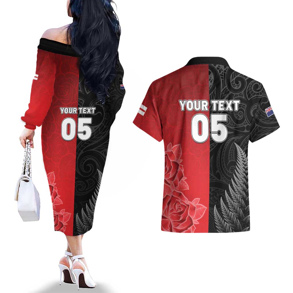 New Zealand And England Rugby Custom Couples Matching Off The Shoulder Long Sleeve Dress and Hawaiian Shirt Red Rose Mix Maori Pattern - Wonder Print Shop