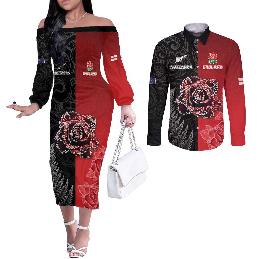 New Zealand And England Rugby Custom Couples Matching Off The Shoulder Long Sleeve Dress and Long Sleeve Button Shirt Red Rose Mix Maori Pattern - Wonder Print Shop