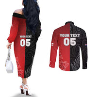 New Zealand And England Rugby Custom Couples Matching Off The Shoulder Long Sleeve Dress and Long Sleeve Button Shirt Red Rose Mix Maori Pattern - Wonder Print Shop