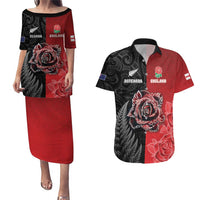 New Zealand And England Rugby Custom Couples Matching Puletasi and Hawaiian Shirt Red Rose Mix Maori Pattern - Wonder Print Shop