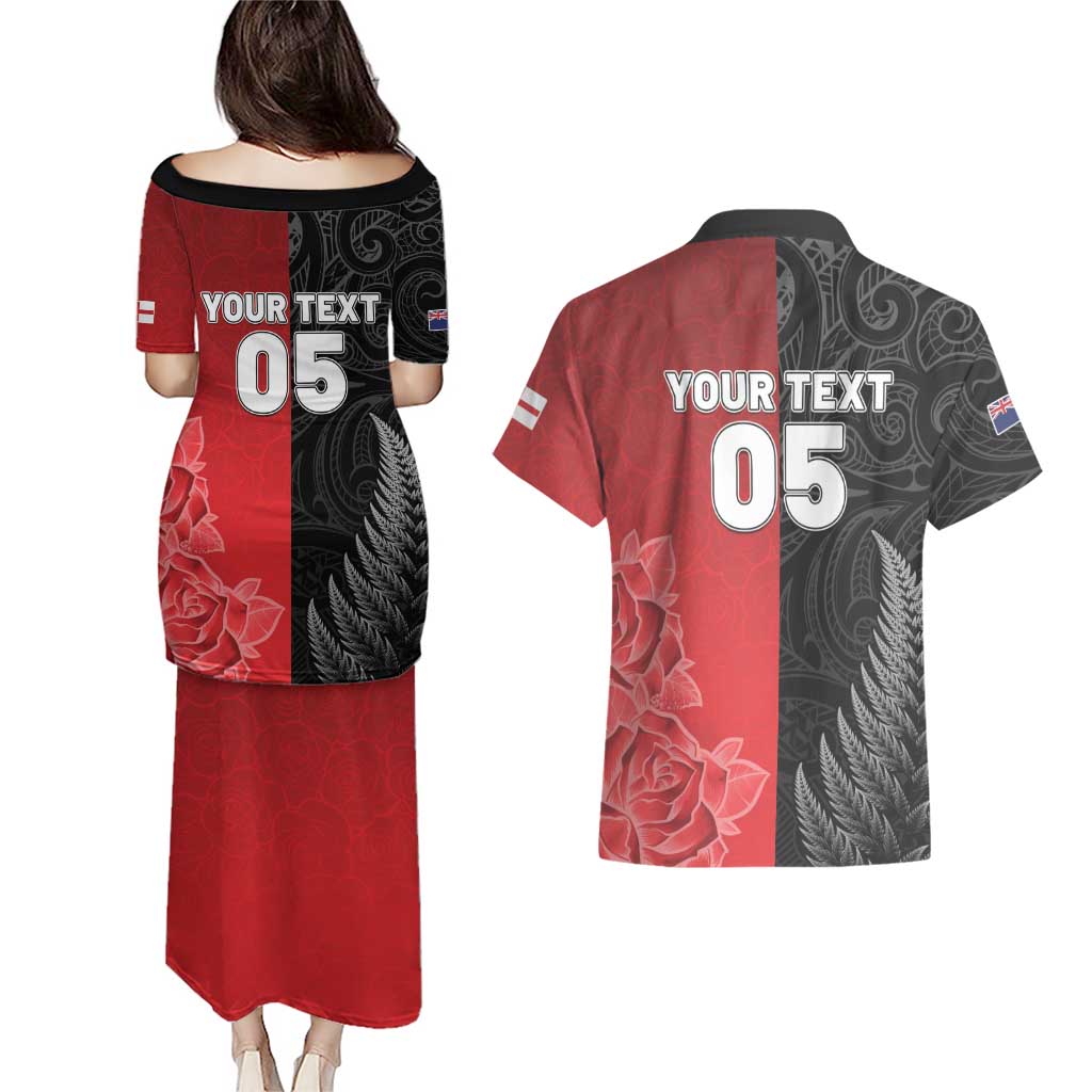 New Zealand And England Rugby Custom Couples Matching Puletasi and Hawaiian Shirt Red Rose Mix Maori Pattern - Wonder Print Shop