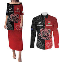 New Zealand And England Rugby Custom Couples Matching Puletasi and Long Sleeve Button Shirt Red Rose Mix Maori Pattern - Wonder Print Shop