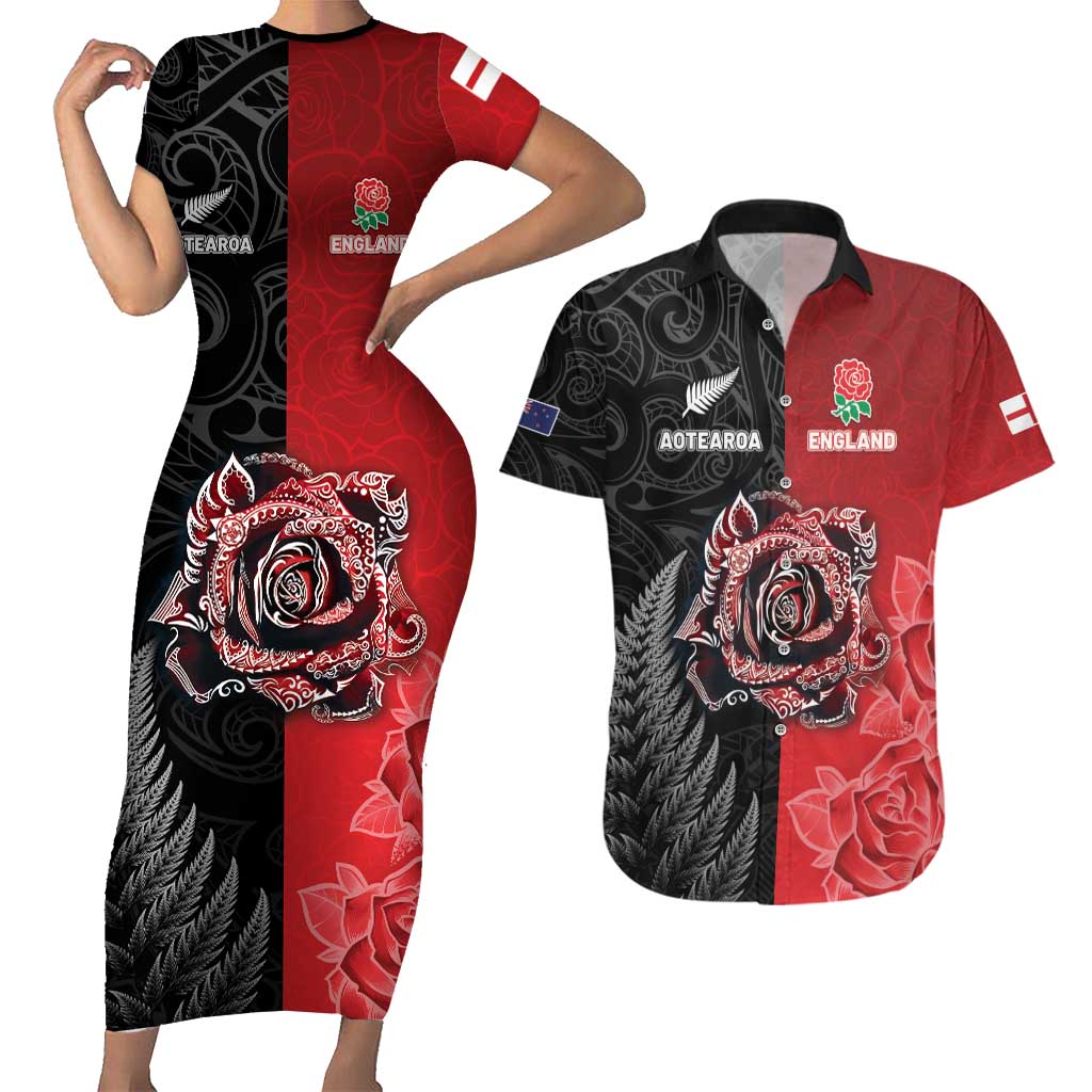New Zealand And England Rugby Custom Couples Matching Short Sleeve Bodycon Dress and Hawaiian Shirt Red Rose Mix Maori Pattern - Wonder Print Shop
