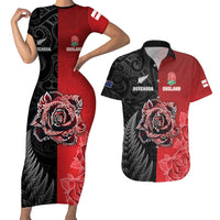 New Zealand And England Rugby Custom Couples Matching Short Sleeve Bodycon Dress and Hawaiian Shirt Red Rose Mix Maori Pattern - Wonder Print Shop