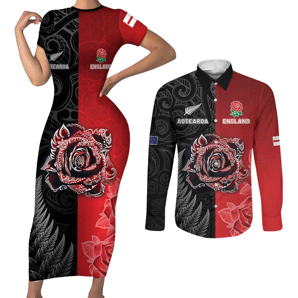 New Zealand And England Rugby Custom Couples Matching Short Sleeve Bodycon Dress and Long Sleeve Button Shirt Red Rose Mix Maori Pattern - Wonder Print Shop
