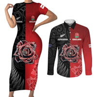 New Zealand And England Rugby Custom Couples Matching Short Sleeve Bodycon Dress and Long Sleeve Button Shirt Red Rose Mix Maori Pattern - Wonder Print Shop