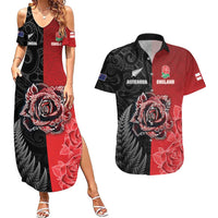 New Zealand And England Rugby Custom Couples Matching Summer Maxi Dress and Hawaiian Shirt Red Rose Mix Maori Pattern - Wonder Print Shop