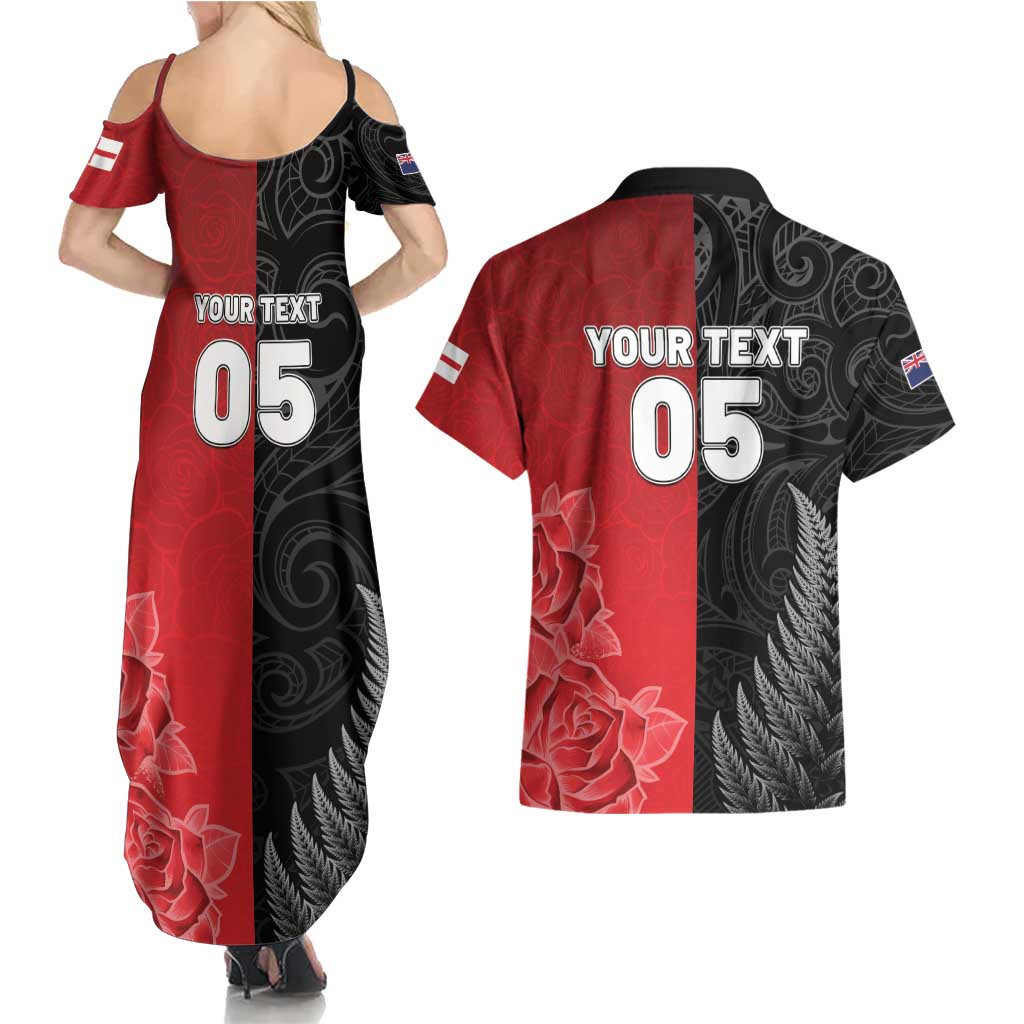 New Zealand And England Rugby Custom Couples Matching Summer Maxi Dress and Hawaiian Shirt Red Rose Mix Maori Pattern - Wonder Print Shop