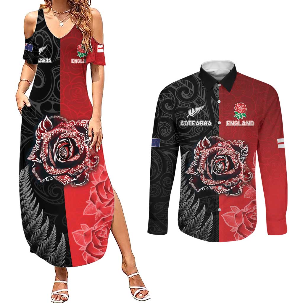 New Zealand And England Rugby Custom Couples Matching Summer Maxi Dress and Long Sleeve Button Shirt Red Rose Mix Maori Pattern - Wonder Print Shop