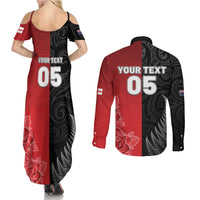 New Zealand And England Rugby Custom Couples Matching Summer Maxi Dress and Long Sleeve Button Shirt Red Rose Mix Maori Pattern - Wonder Print Shop