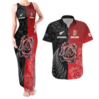 New Zealand And England Rugby Custom Couples Matching Tank Maxi Dress and Hawaiian Shirt Red Rose Mix Maori Pattern - Wonder Print Shop