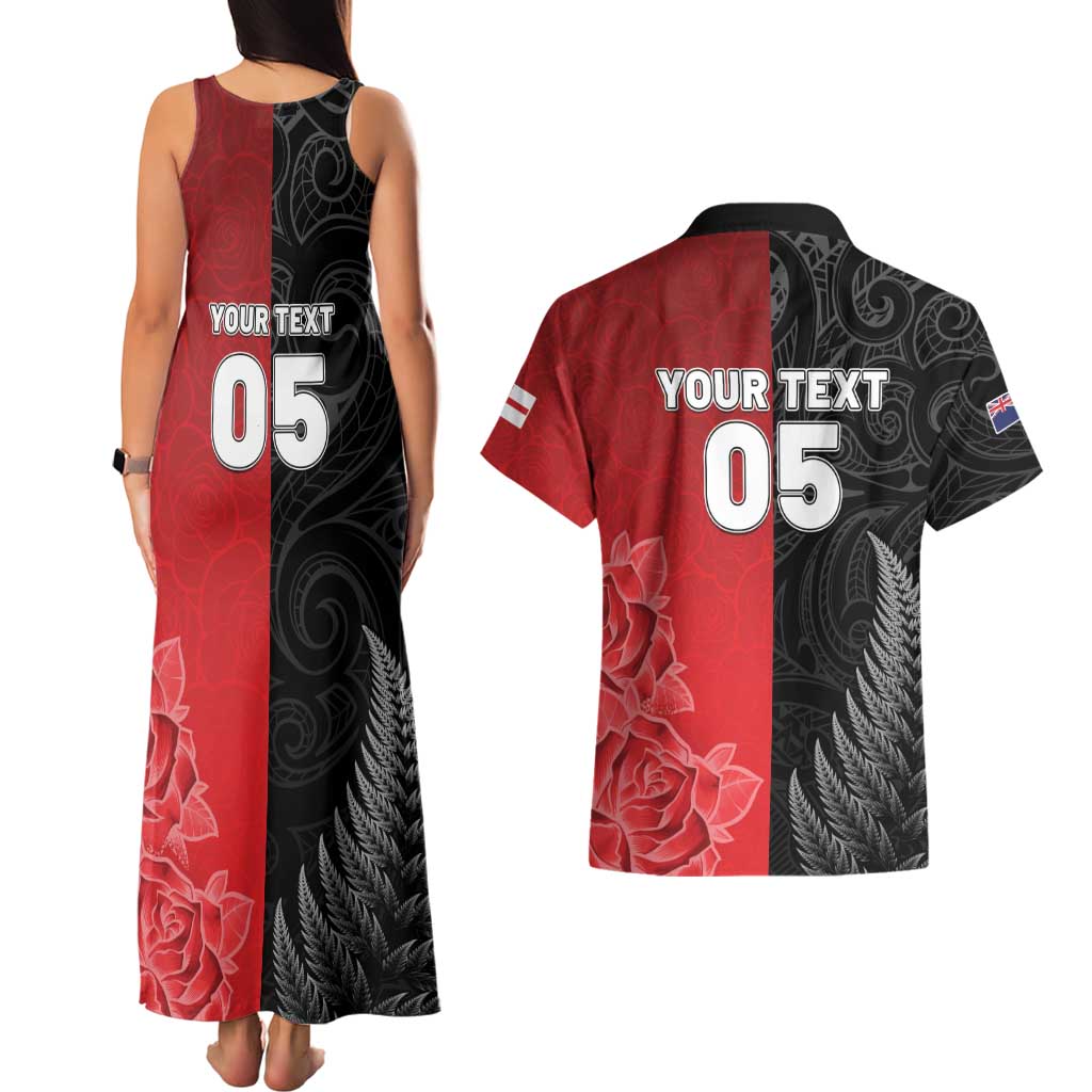 New Zealand And England Rugby Custom Couples Matching Tank Maxi Dress and Hawaiian Shirt Red Rose Mix Maori Pattern - Wonder Print Shop