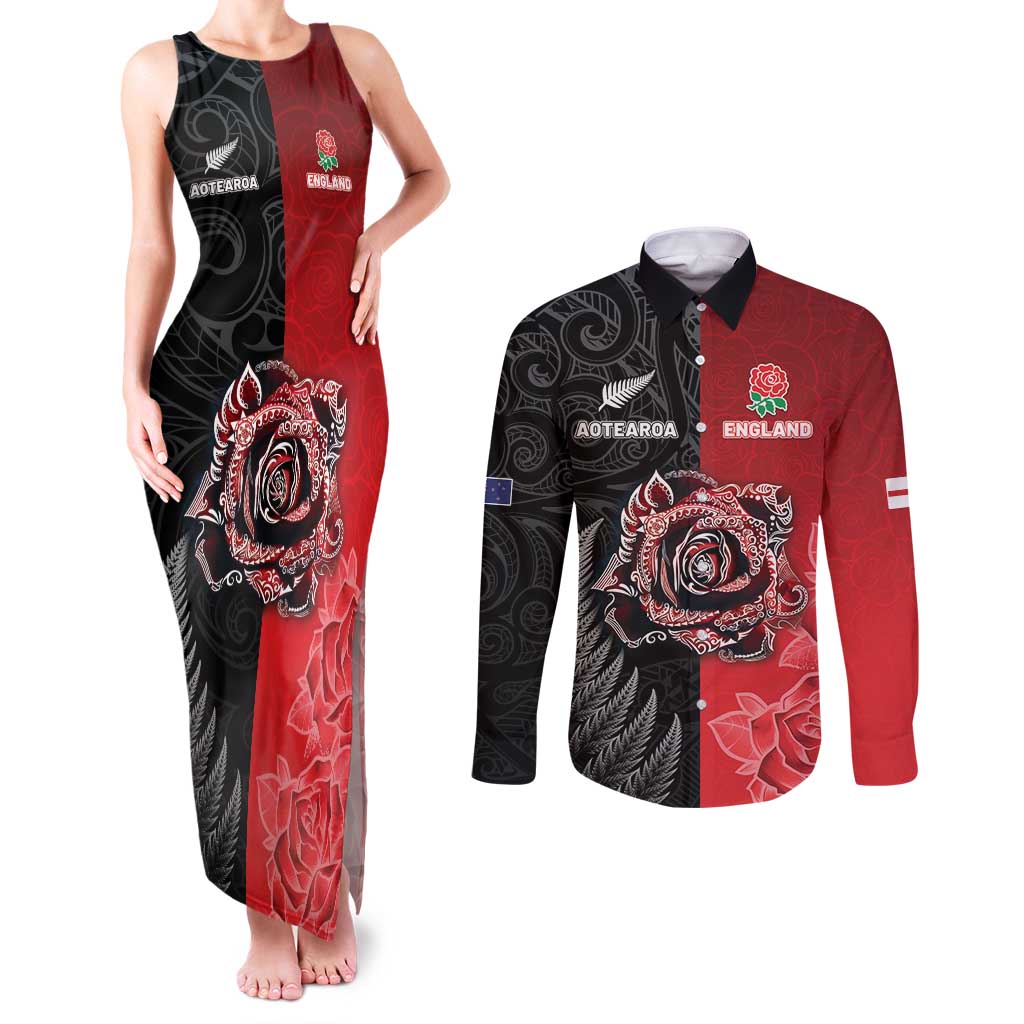 New Zealand And England Rugby Custom Couples Matching Tank Maxi Dress and Long Sleeve Button Shirt Red Rose Mix Maori Pattern - Wonder Print Shop