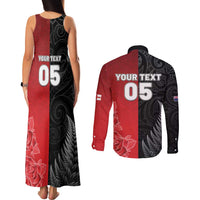 New Zealand And England Rugby Custom Couples Matching Tank Maxi Dress and Long Sleeve Button Shirt Red Rose Mix Maori Pattern - Wonder Print Shop