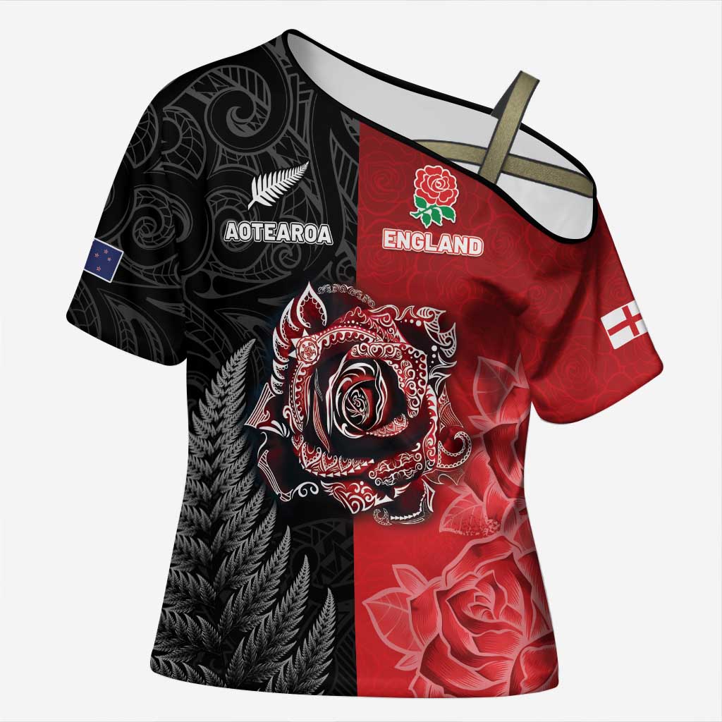 New Zealand And England Rugby Custom Cross Shoulder Shirt Red Rose Mix Maori Pattern - Wonder Print Shop