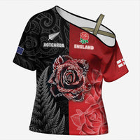 New Zealand And England Rugby Custom Cross Shoulder Shirt Red Rose Mix Maori Pattern - Wonder Print Shop