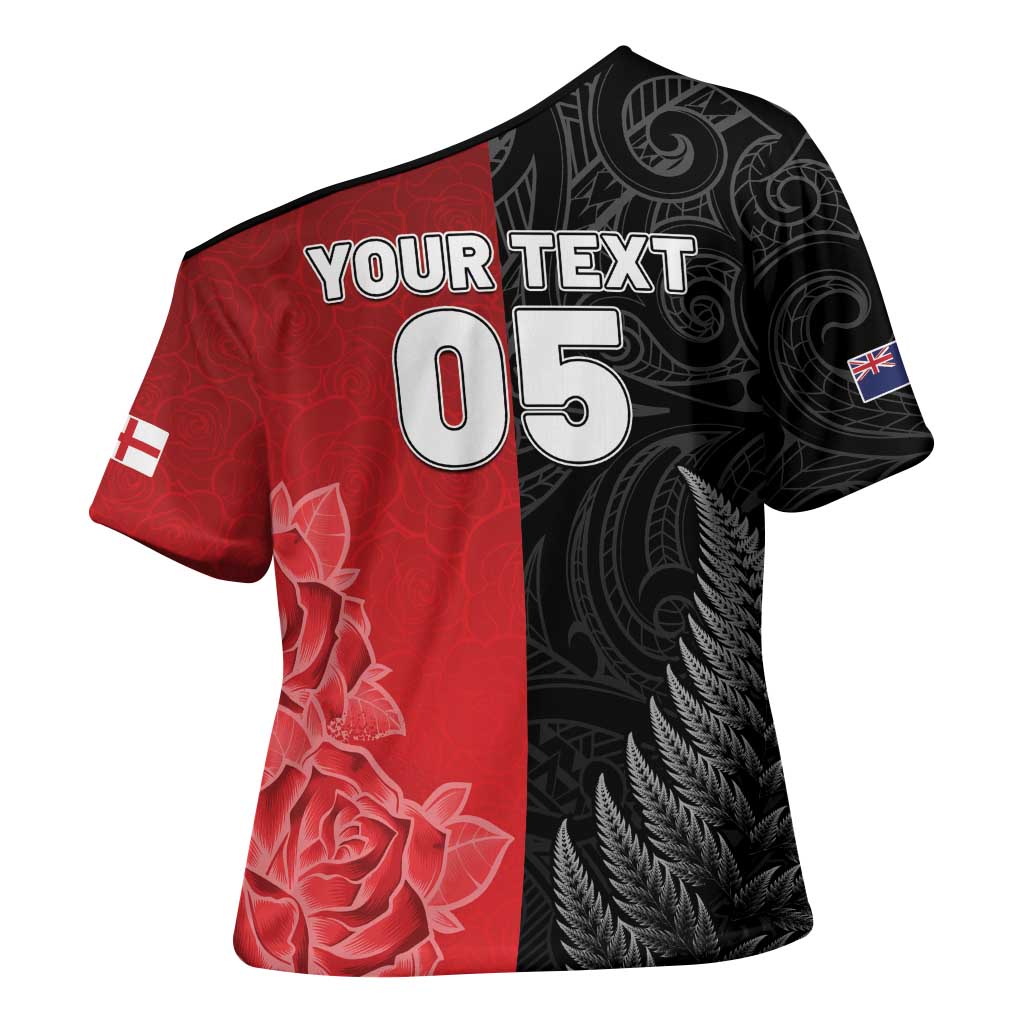 New Zealand And England Rugby Custom Cross Shoulder Shirt Red Rose Mix Maori Pattern - Wonder Print Shop
