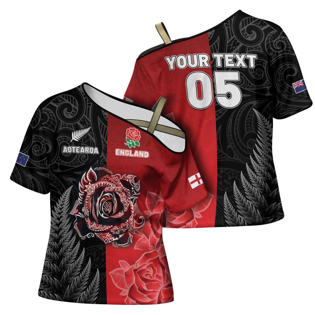 New Zealand And England Rugby Custom Cross Shoulder Shirt Red Rose Mix Maori Pattern - Wonder Print Shop