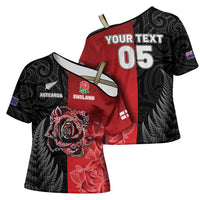 New Zealand And England Rugby Custom Cross Shoulder Shirt Red Rose Mix Maori Pattern - Wonder Print Shop