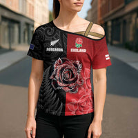 New Zealand And England Rugby Custom Cross Shoulder Shirt Red Rose Mix Maori Pattern - Wonder Print Shop