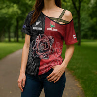 New Zealand And England Rugby Custom Cross Shoulder Shirt Red Rose Mix Maori Pattern - Wonder Print Shop