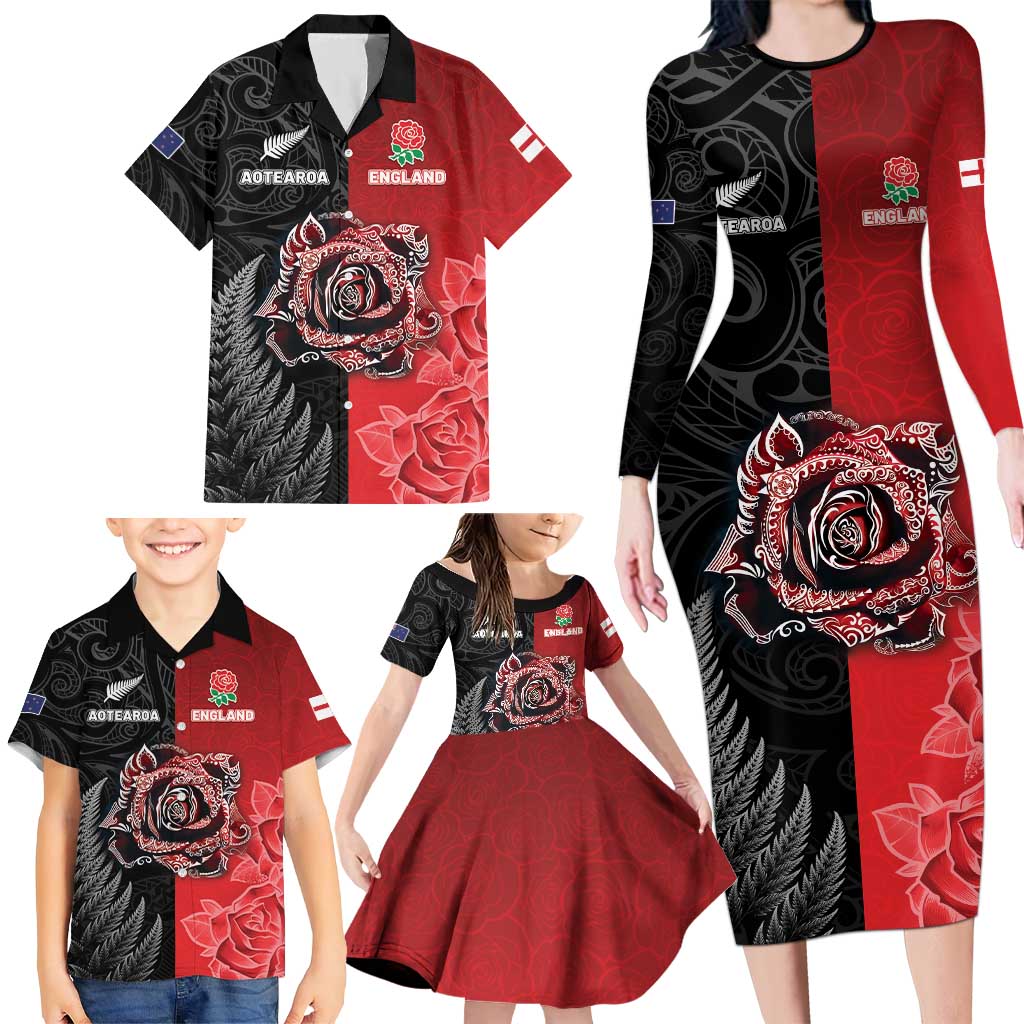 New Zealand And England Rugby Custom Family Matching Long Sleeve Bodycon Dress and Hawaiian Shirt Red Rose Mix Maori Pattern - Wonder Print Shop