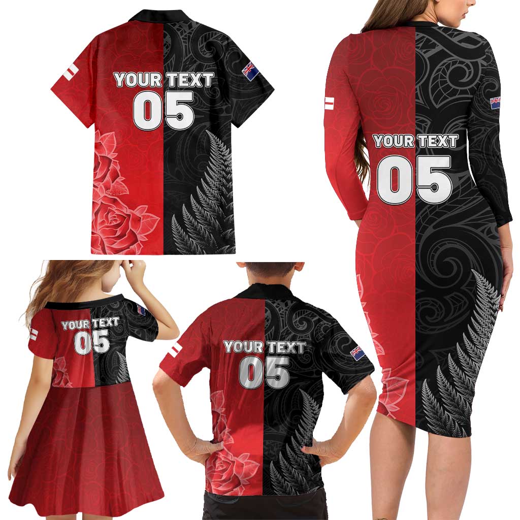 New Zealand And England Rugby Custom Family Matching Long Sleeve Bodycon Dress and Hawaiian Shirt Red Rose Mix Maori Pattern - Wonder Print Shop